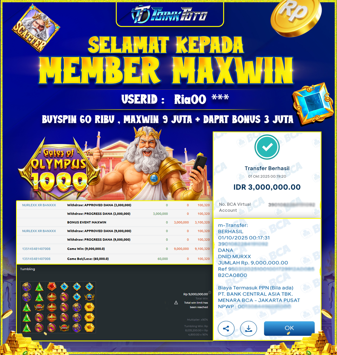 TOINKTOTO JACKPOT GAME SLOT GATES OF OLYMPUS 1000 Rp.9.000.000.,- LUNAS